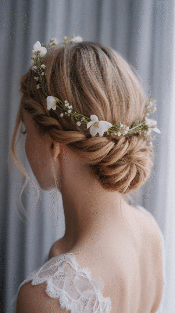 27 Elegant Whimsical Updo Hairstyles to Elevate Your Look 5 Twisted Halo Updo