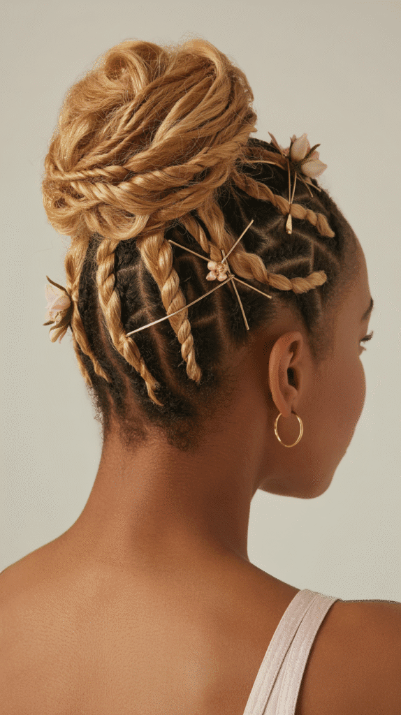 27 Classic Blonde Updo Hairstyles for Black Women for Every Occasion 23 Blonde Twisted Updo with Accessories