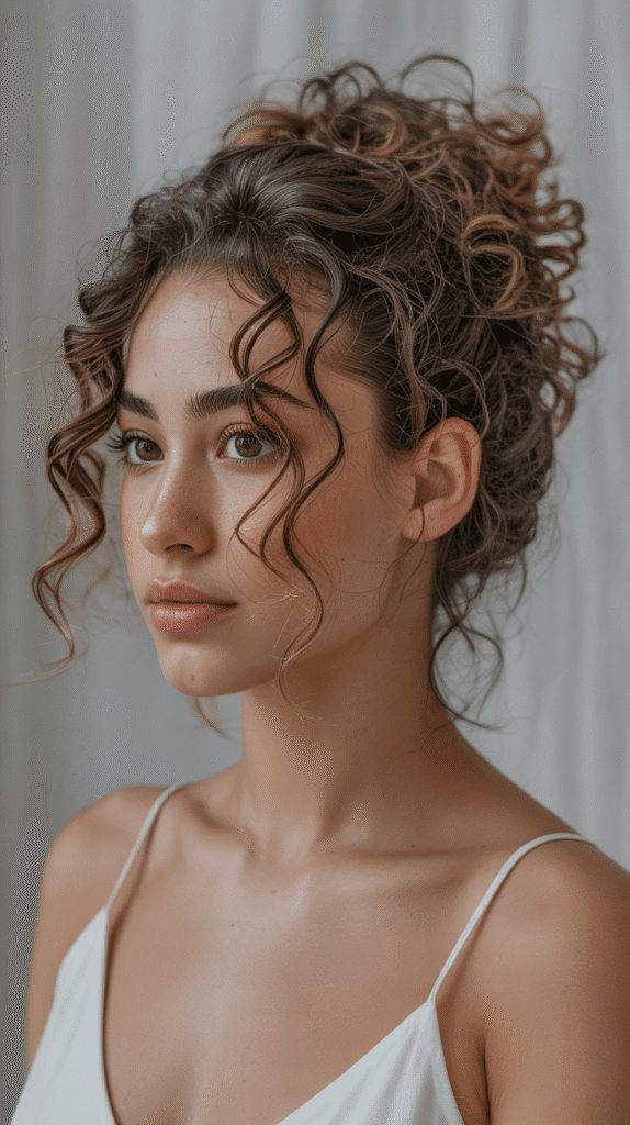 27 Elegant Whimsical Updo Hairstyles to Elevate Your Look 13 Curly Updo with Pinned Tendrils