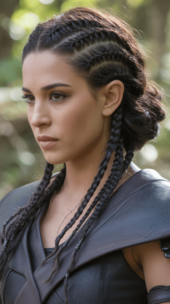 27 Gorgeous Elf Hairstyles for Curly Hair Full of Fantasy Charm 4 Double Dutch Braids into Low Curly Bun