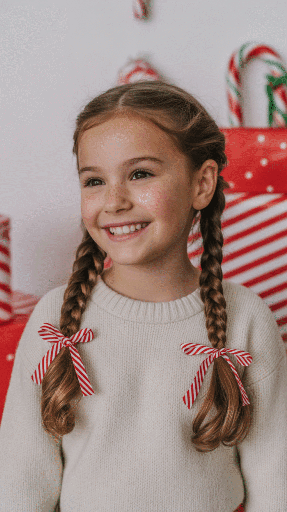 30 Cute Christmas Hairstyles for Girls Perfect for Holiday Parties 13 Pigtail Braids with Candy Cane Ribbons