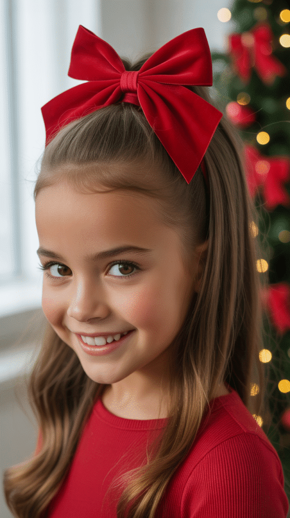 25 Easy Christmas Hairstyles for Kids You Can Do in Minutes 1 Classic Christmas Bow Ponytail