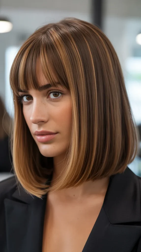 Long Bob with Curtain Bangs and Highlights at the Bangs