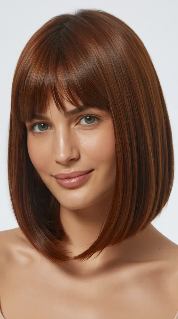  Long Bob with Curtain Bangs for Round Face