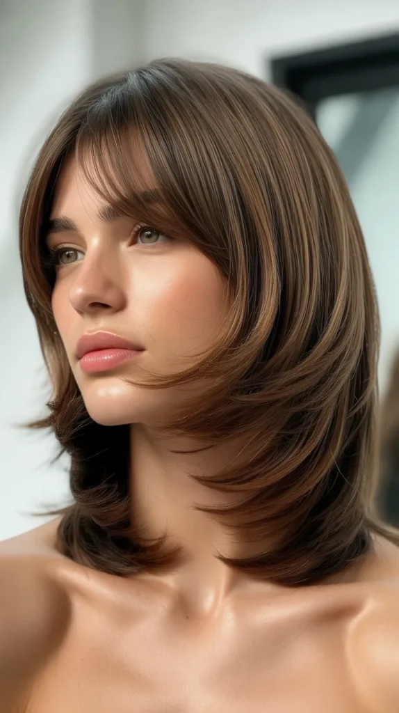  Layered Long Bob with Curtain Bangs and Volume at the Crown