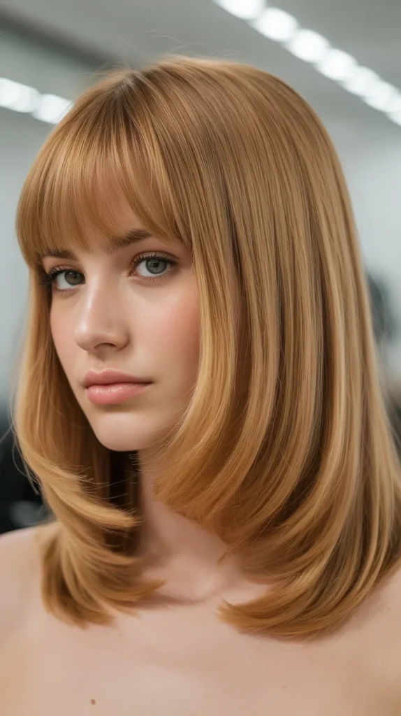 Honey Blonde Long Bob with Curtain Bangs