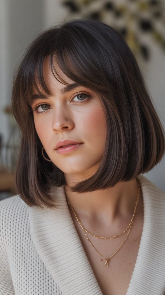 26 Chic Long Bob with Curtain Bangs for Round Face