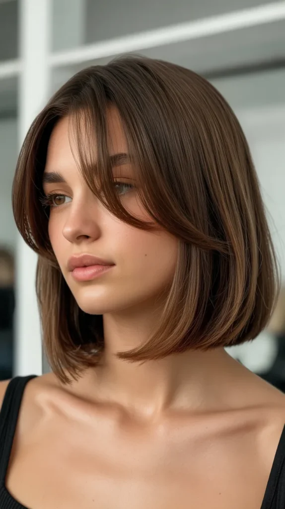  Angled Long Bob with Side-Swept Curtain Bangs