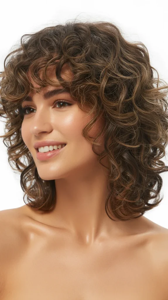 Curly Long Bob with Defined Curtain Bangs
