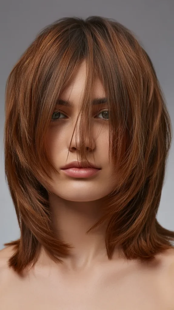 Long Bob with Curtain Bangs for Round Faces