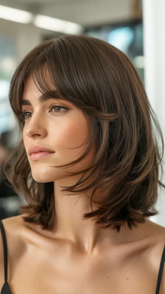  Tousled Long Bob with Curtain Bangs and Messy Layers