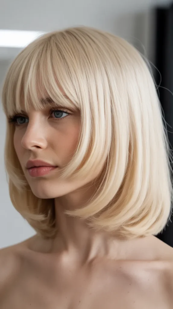  Long Bob with Curtain Bangs and Platinum Blonde Color