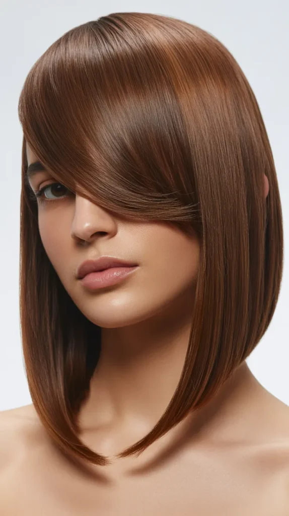 Sleek Angled Long Bob with Sideswept Fringe