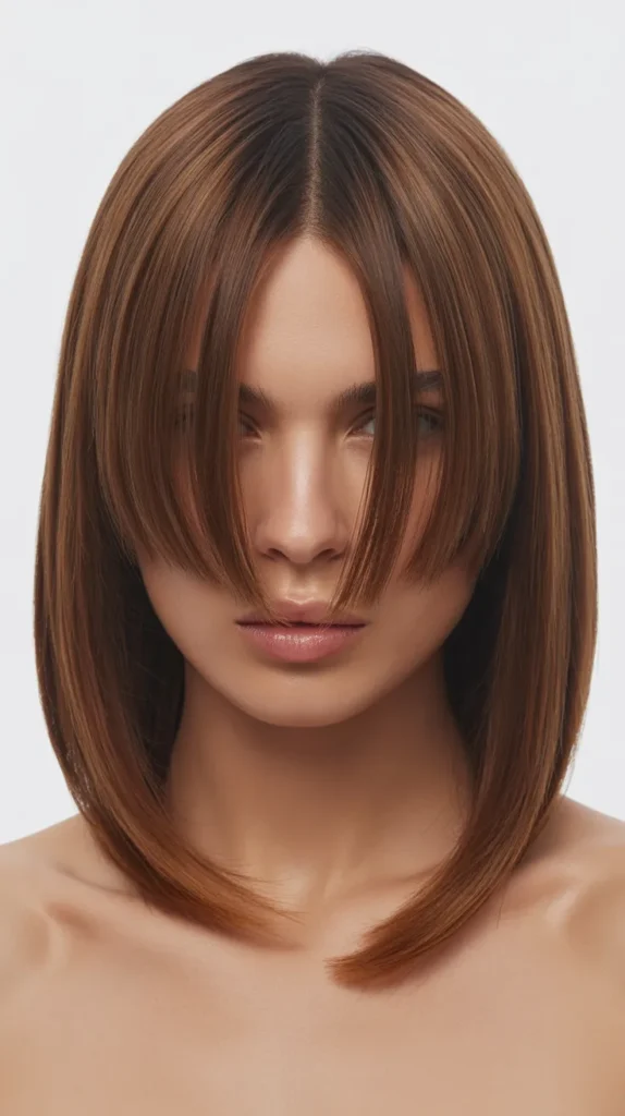 Sleek Long Bob with Curtain Bangs and Deep Side Part