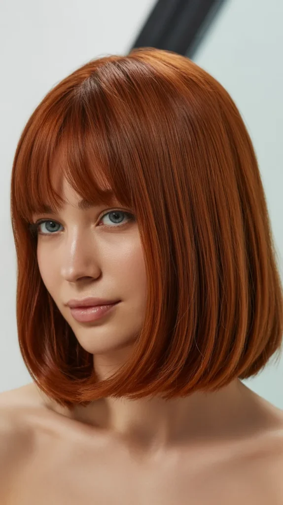 Auburn Long Bob with Curtain Bangs