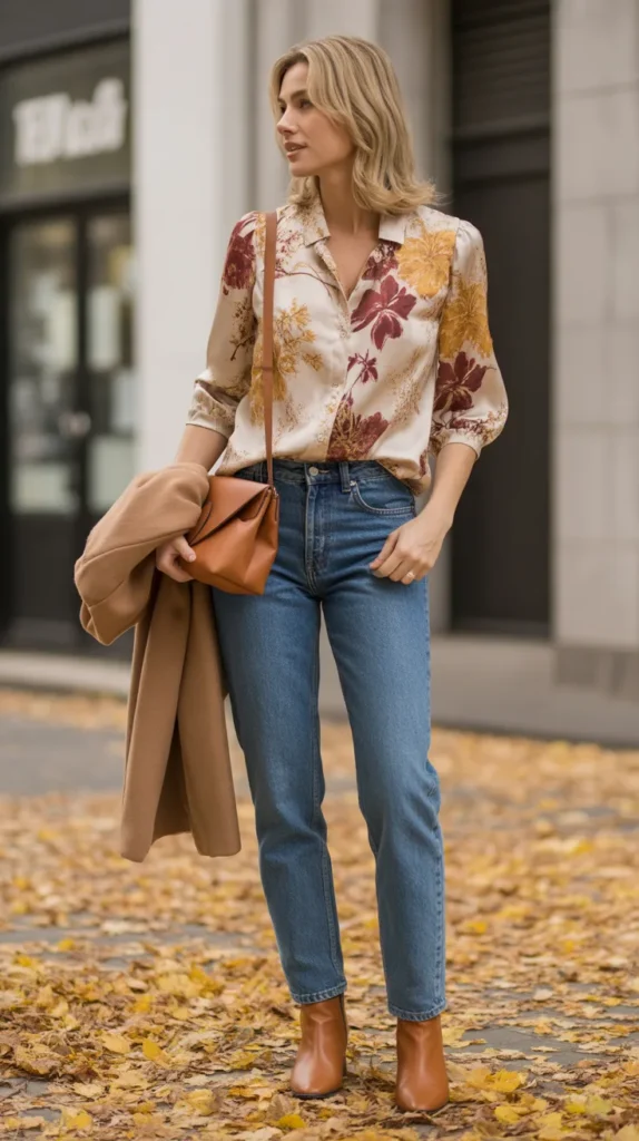 Printed Blouse and Straight Jeans