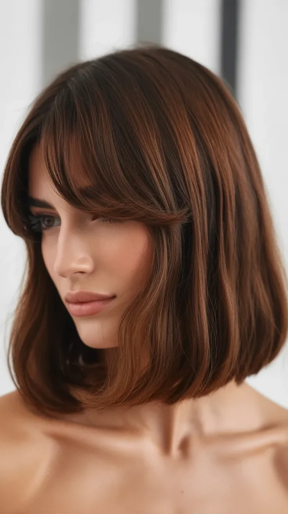 Chocolate Brown Long Bob with Subtle Curtain Bangs