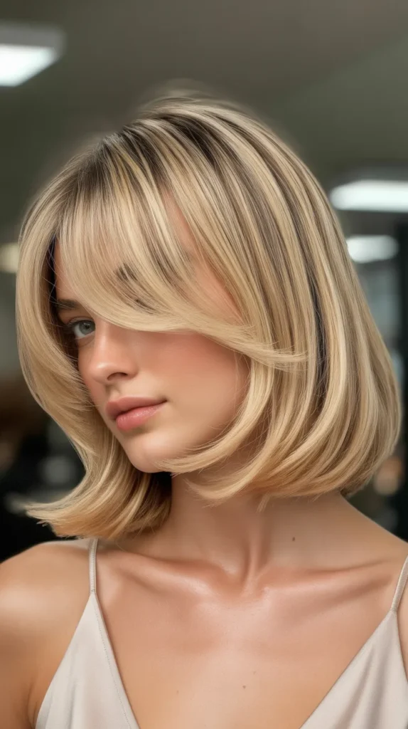 Champagne Blonde Lob with Feathered Curtain Bangs