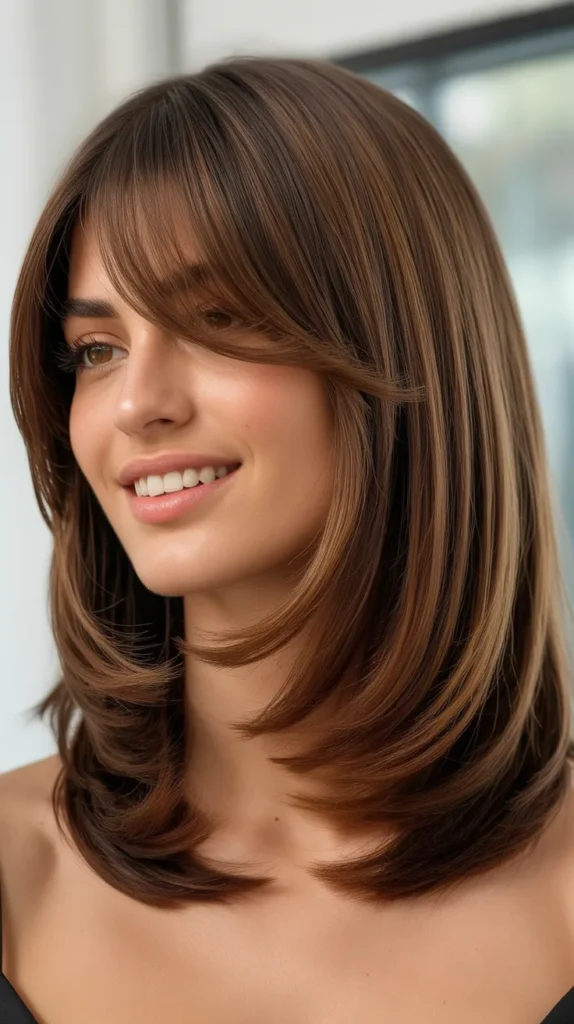  Layered Long Bob with Curtain Bangs for Thick Hair