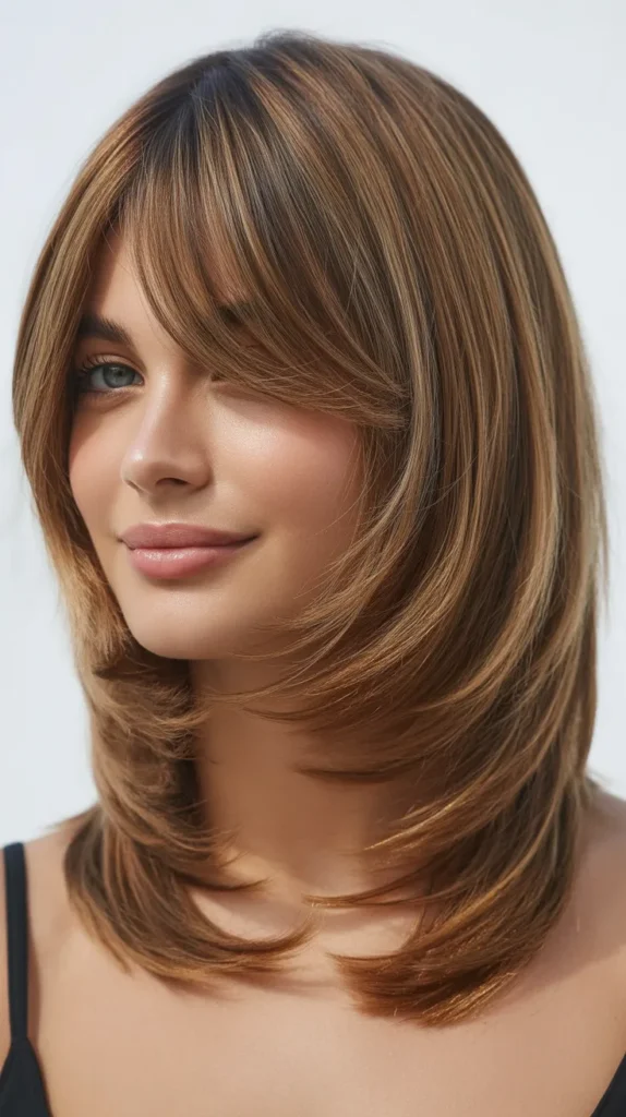 Layered Long Bob with Curtain Bangs for Straight Hair
