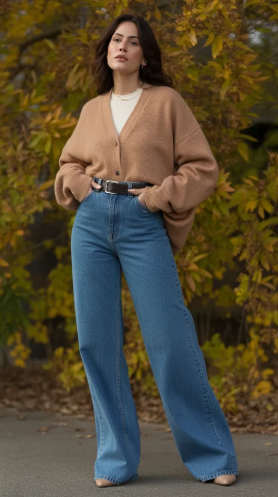  Belted Cardigan and Wide-Leg Jeans