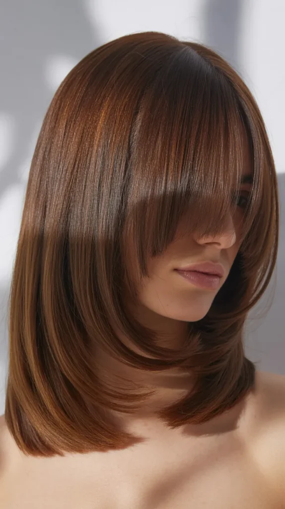 Layered Long Bob with Curtain Bangs and Balayage