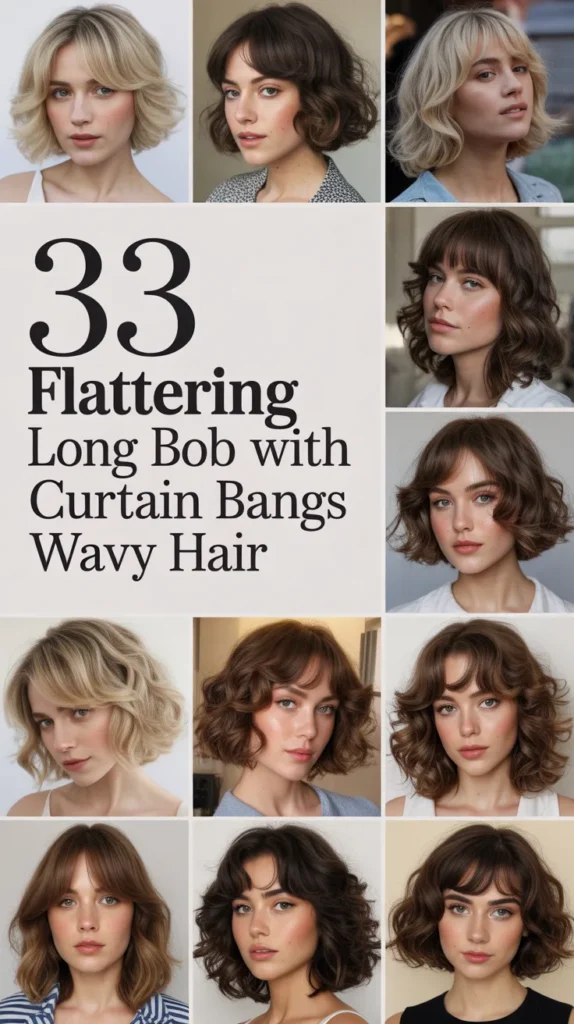 33 Flattering Long Bob with Curtain Bangs Wavy Hair