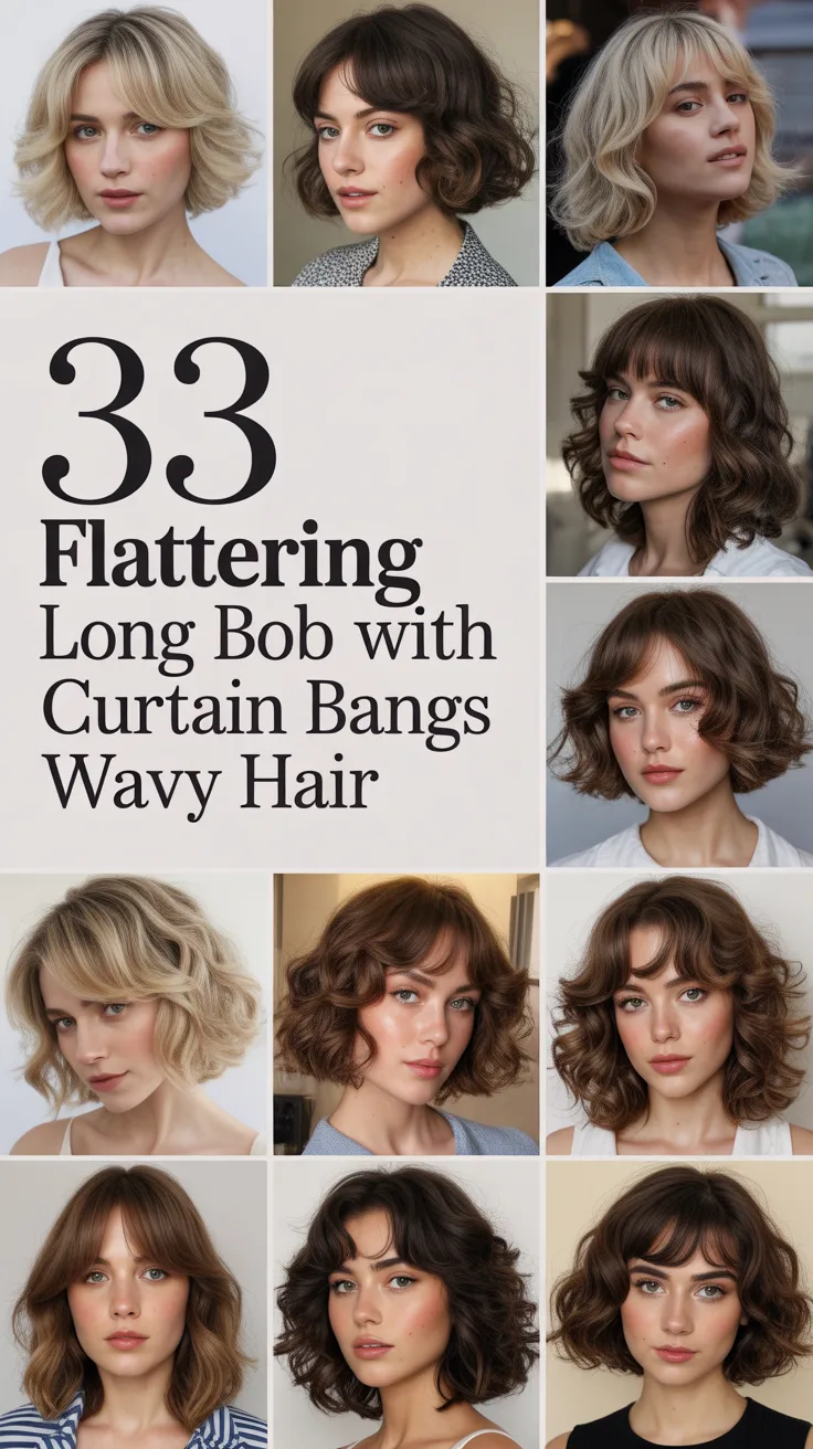 33 Flattering Long Bob with Curtain Bangs Wavy Hair