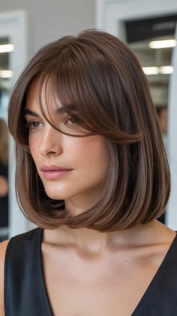 Long Bob with Curtain Bangs for Oval Faces
