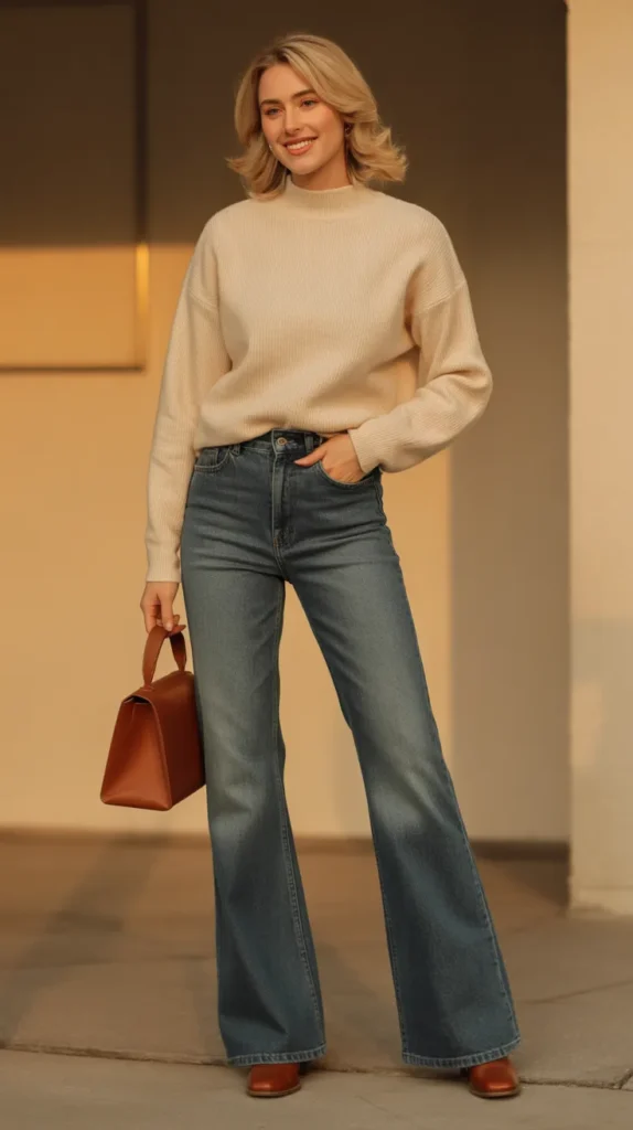 Mockneck Sweater and Flared Jeans