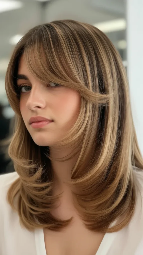 Layered Long Bob with Curtain Bangs and Flipped Ends