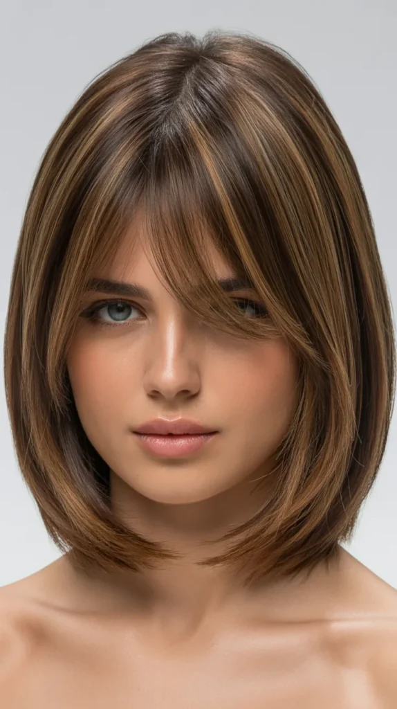Textured Bob with Curtain Bangs for Oval Faces