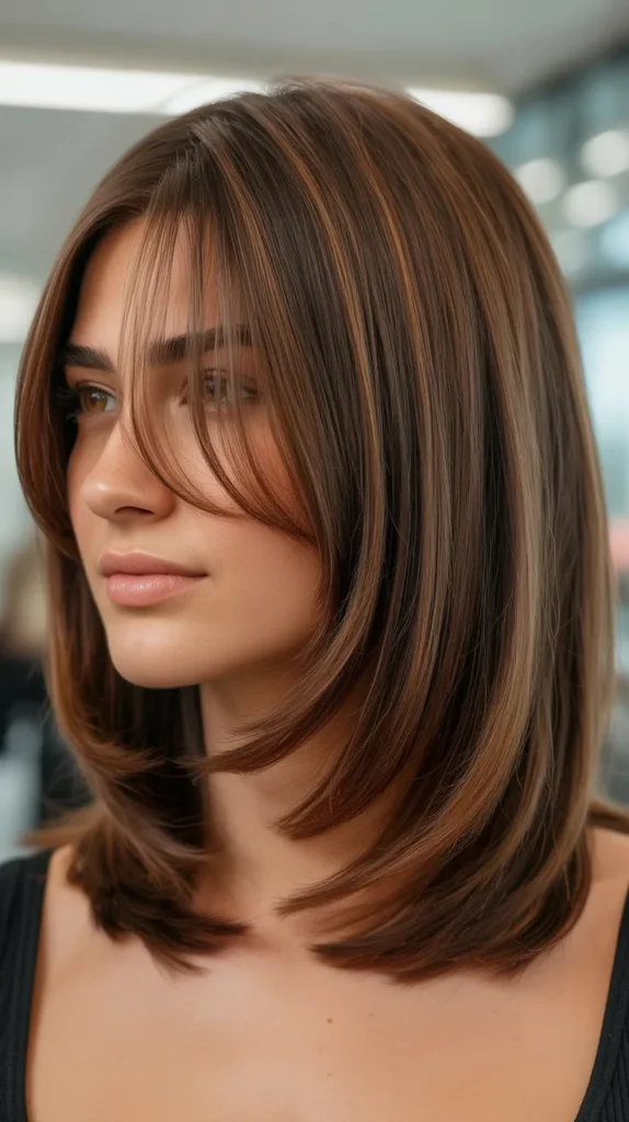 Layered Long Bob with Wispy Curtain Bangs for Round Faces