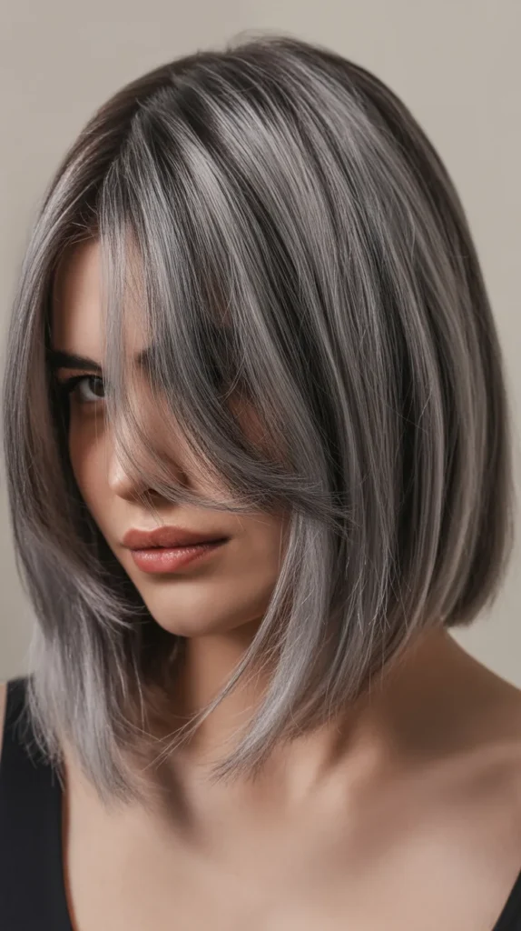 Long Bob with Curtain Bangs and Blended Gray Hair