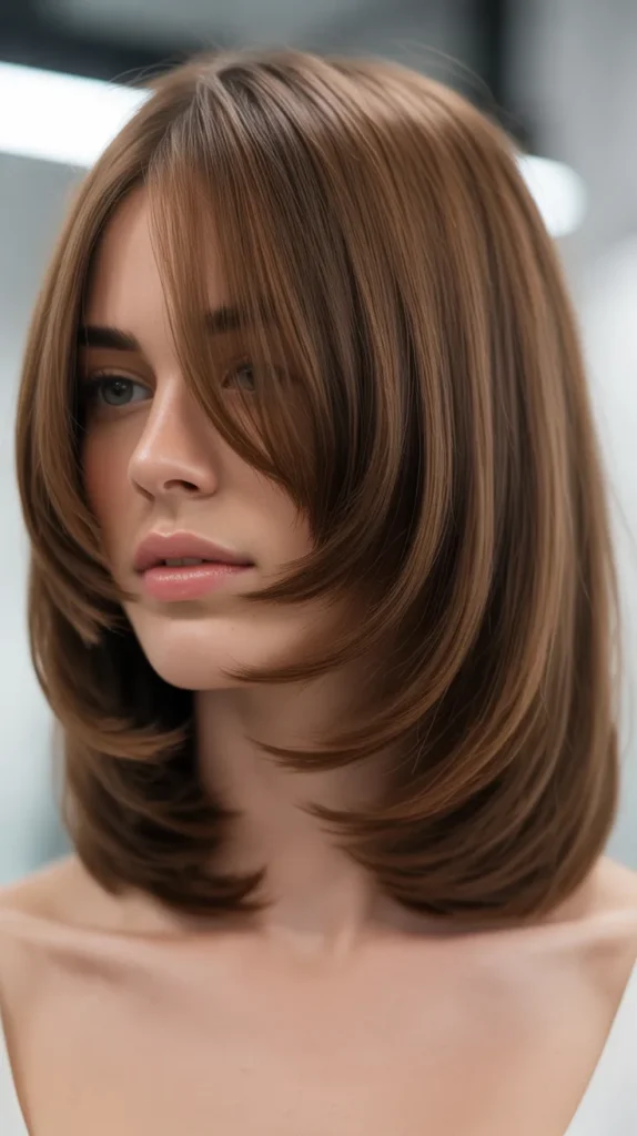  Rounded Long Bob with Arched Bangs and Curved Layers