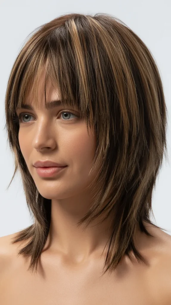 Textured Shaggy Long Bob with Choppy Bangs