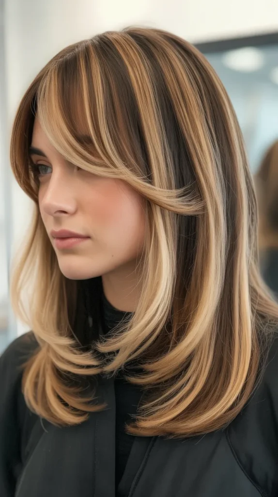 Balayage Long Bob with Swoopy Bangs