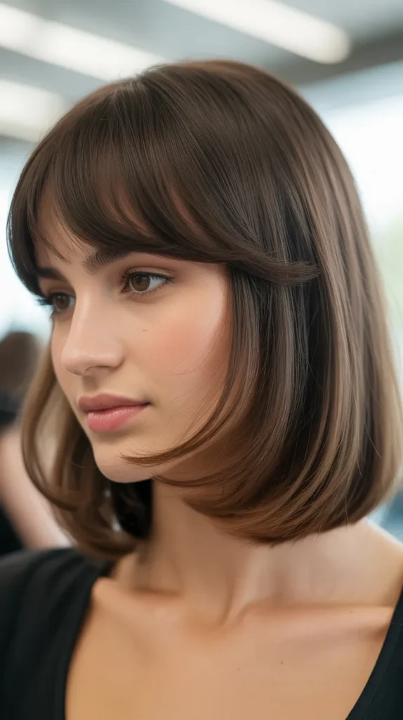  Long Bob with Rounded Bangs and Internal Layers