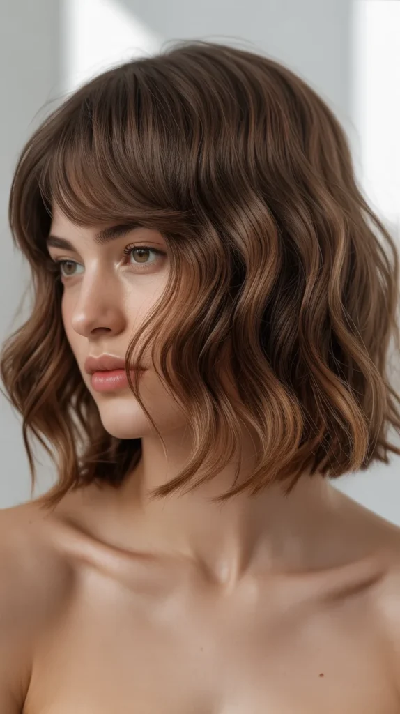 Wavy Long Bob with Brow-Skimming Bangs and Soft Layers