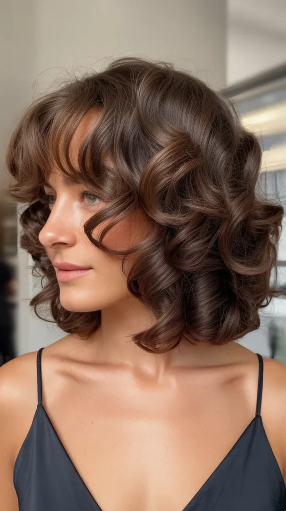Long Bob with Curtain Bangs for Curly Hair