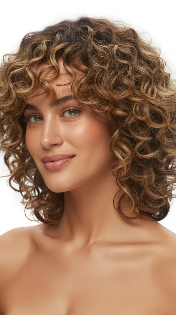 Curly Long Bob with Textured Curtain Bangs
