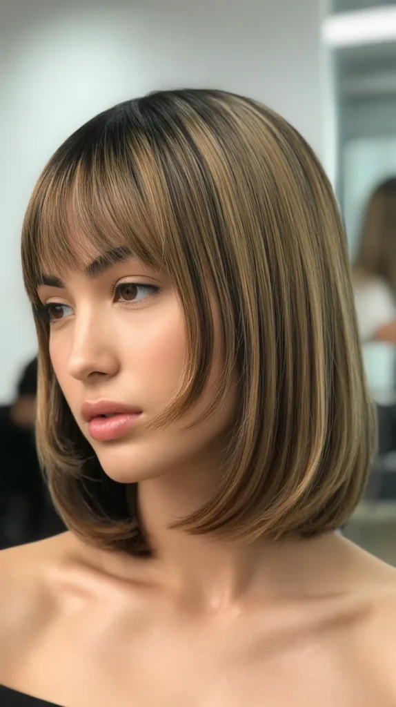 Long Bob with Curtain Bangs and Root Shadow