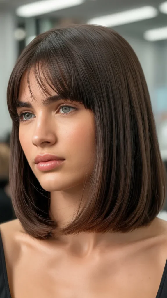 Classic Blunt Long Bob with Wispy Curtain Bangs