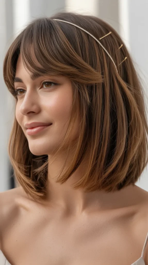 Shaggy Bob with Curtain Bangs and Hair Accessories