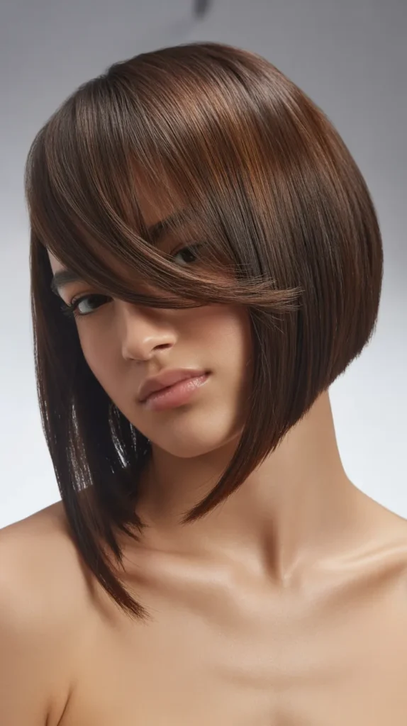 Sleek Asymmetrical Long Bob with Deep Side Part Bangs