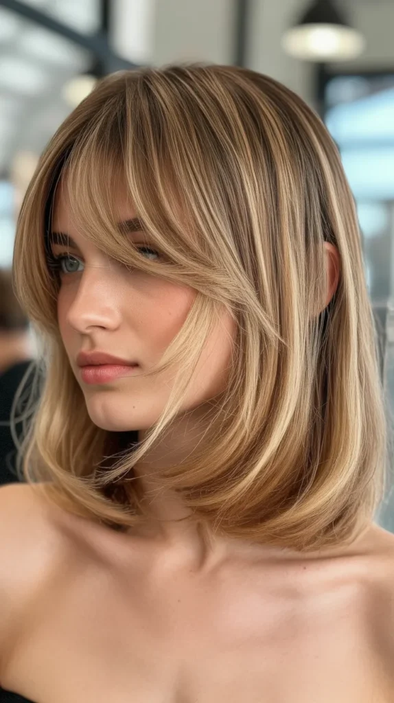 Textured Long Bob with Wispy Curtain Bangs