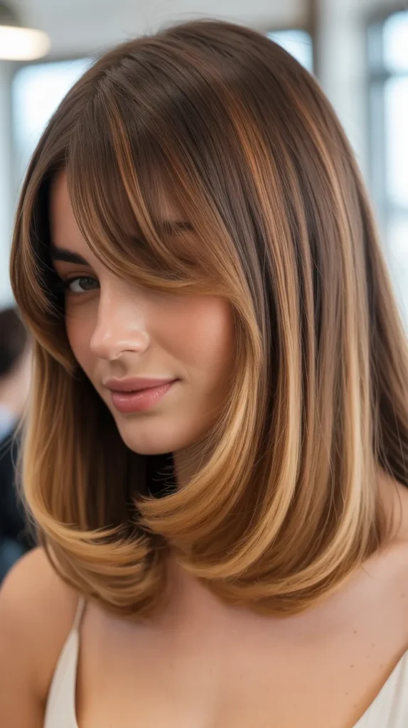 Long Bob with Curtain Bangs and Ombre Effect