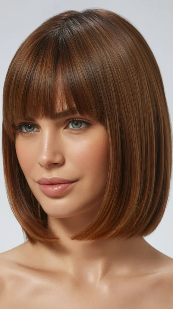 Long Bob with Straight-Across Bangs and Uniform Layers
