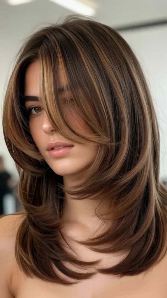 Layered Long Bob with Curtain Bangs and Lowlights