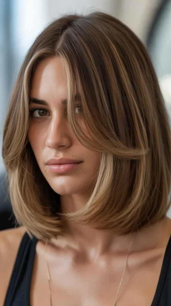 Long Bob with Curtain Bangs and Face-Framing Highlights